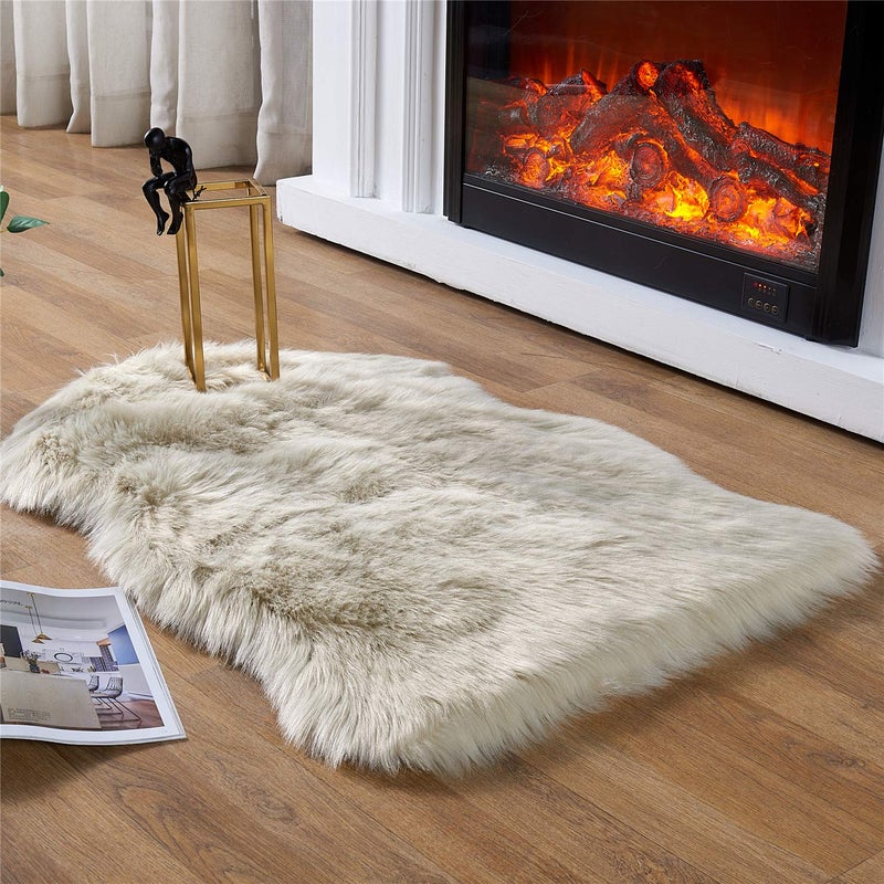 Easy Joy EasyJoy Ultra Soft Fluffy Shaggy Area Rug Faux Fur Rug Chair Cover Seat Pad Fuzzy Area Rug for Bedroom Floor Sofa Living Room (2 x 3 ft Sheepskin, Beige) - Image 1